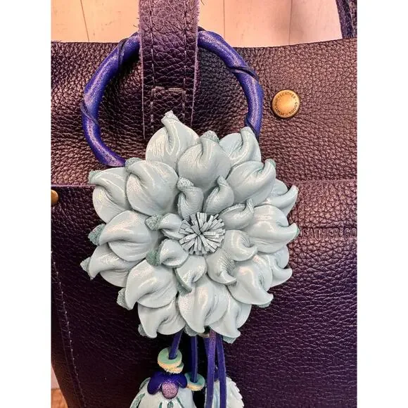 Leather Flower Purse Charm Genuine Leather Blue Mum Dahlia Bag Charm NeW! - Picture 3 of 5